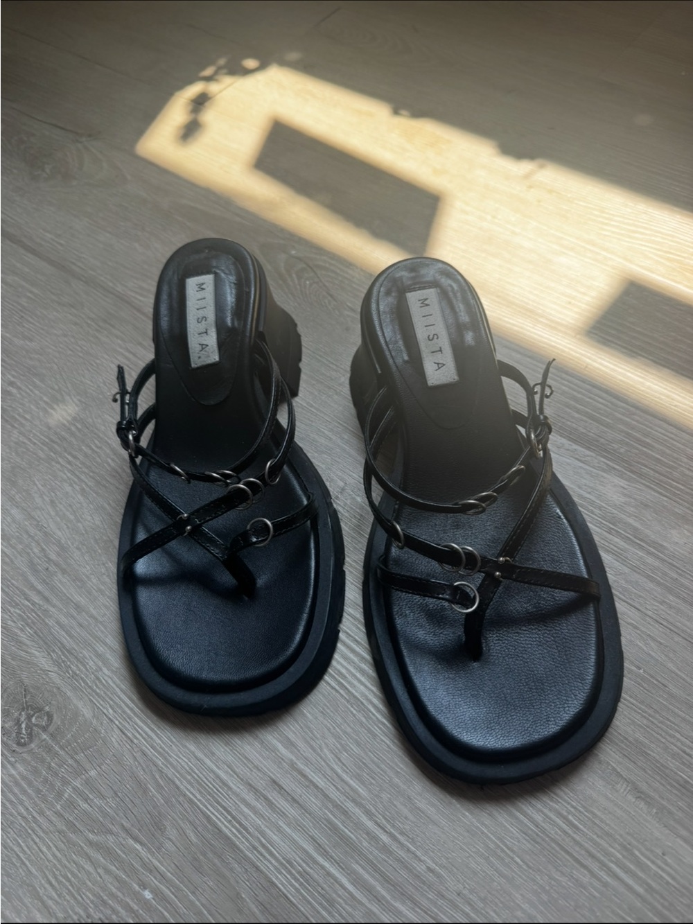 Miista Black Braided Strap Leather Sandals
